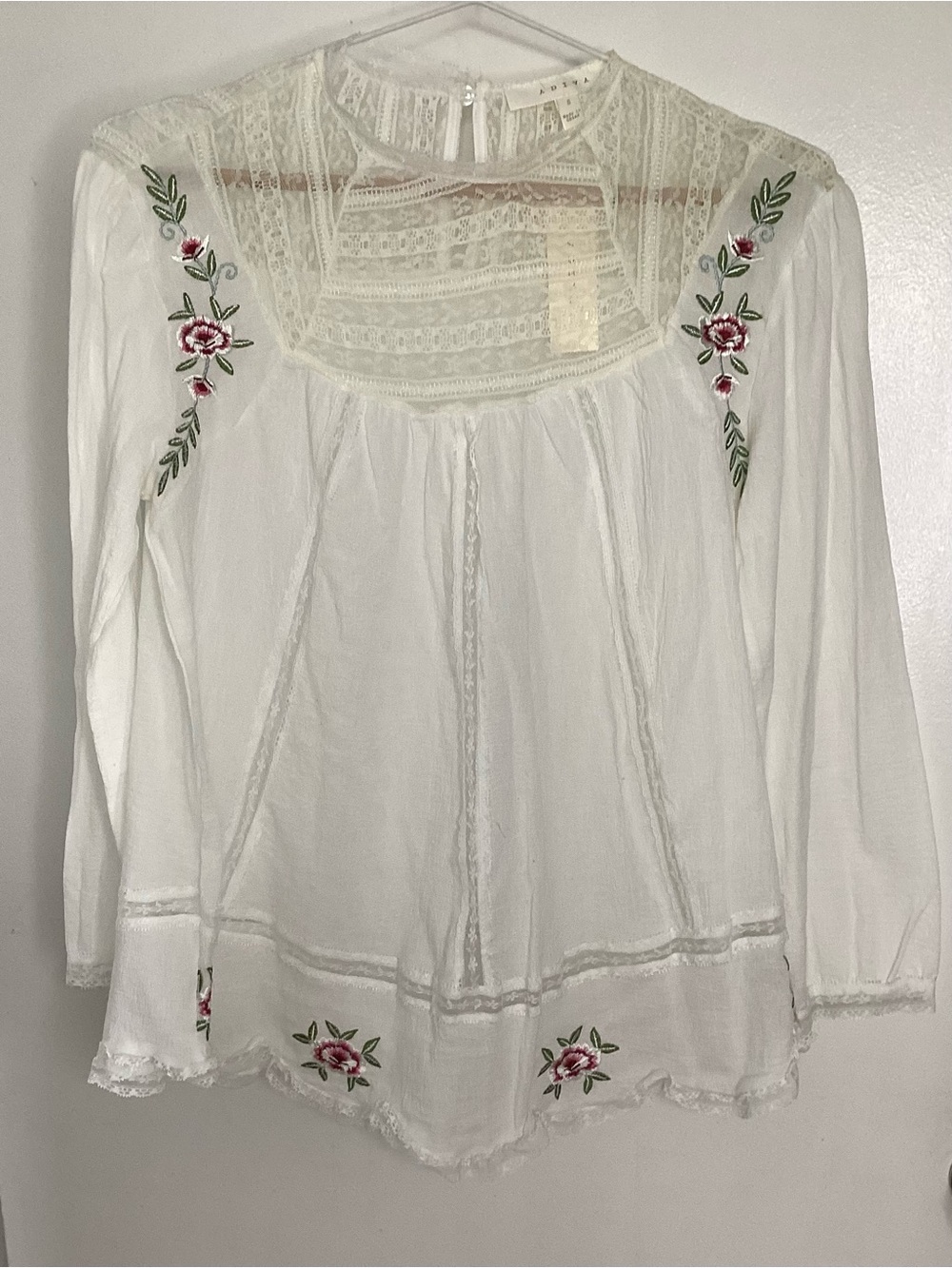 Adiva White Lace Yoke Blouse with Pink Floral  S